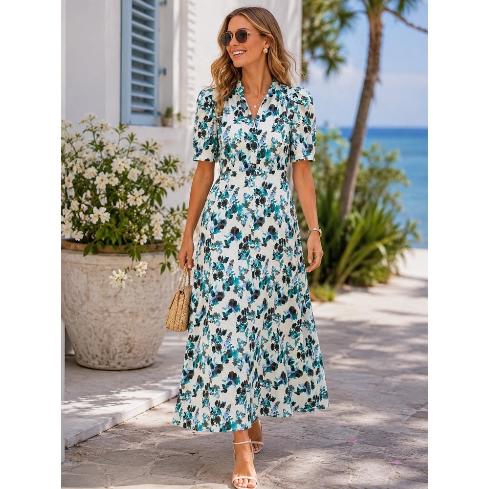 NWT Tuckernuck Blue Blooms Linen Midi/Maxi Dress Size XXL Floral Wedding Guest